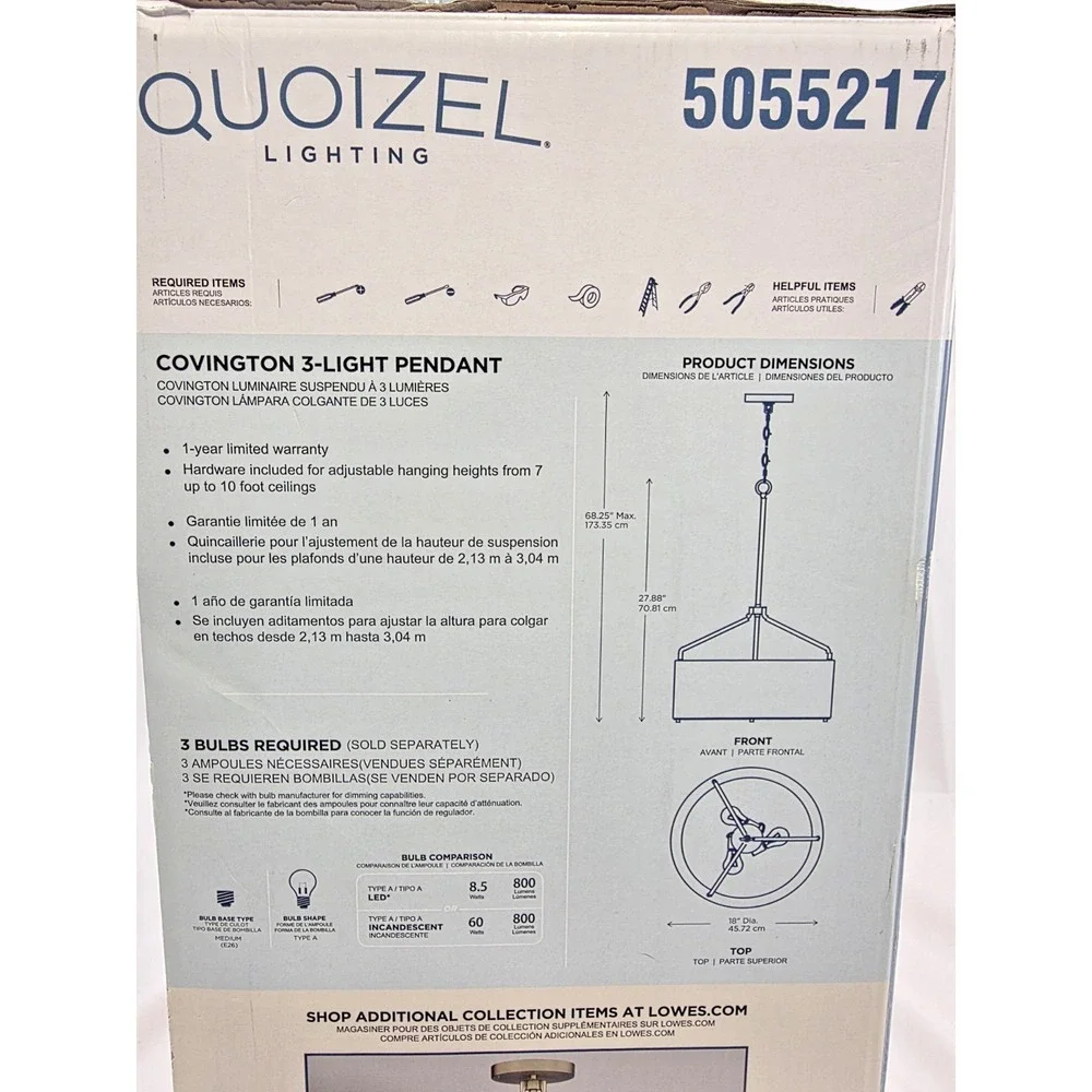 Quoizel LWS6714B Covington 3-Light Drum Pendant Black Gold NIB